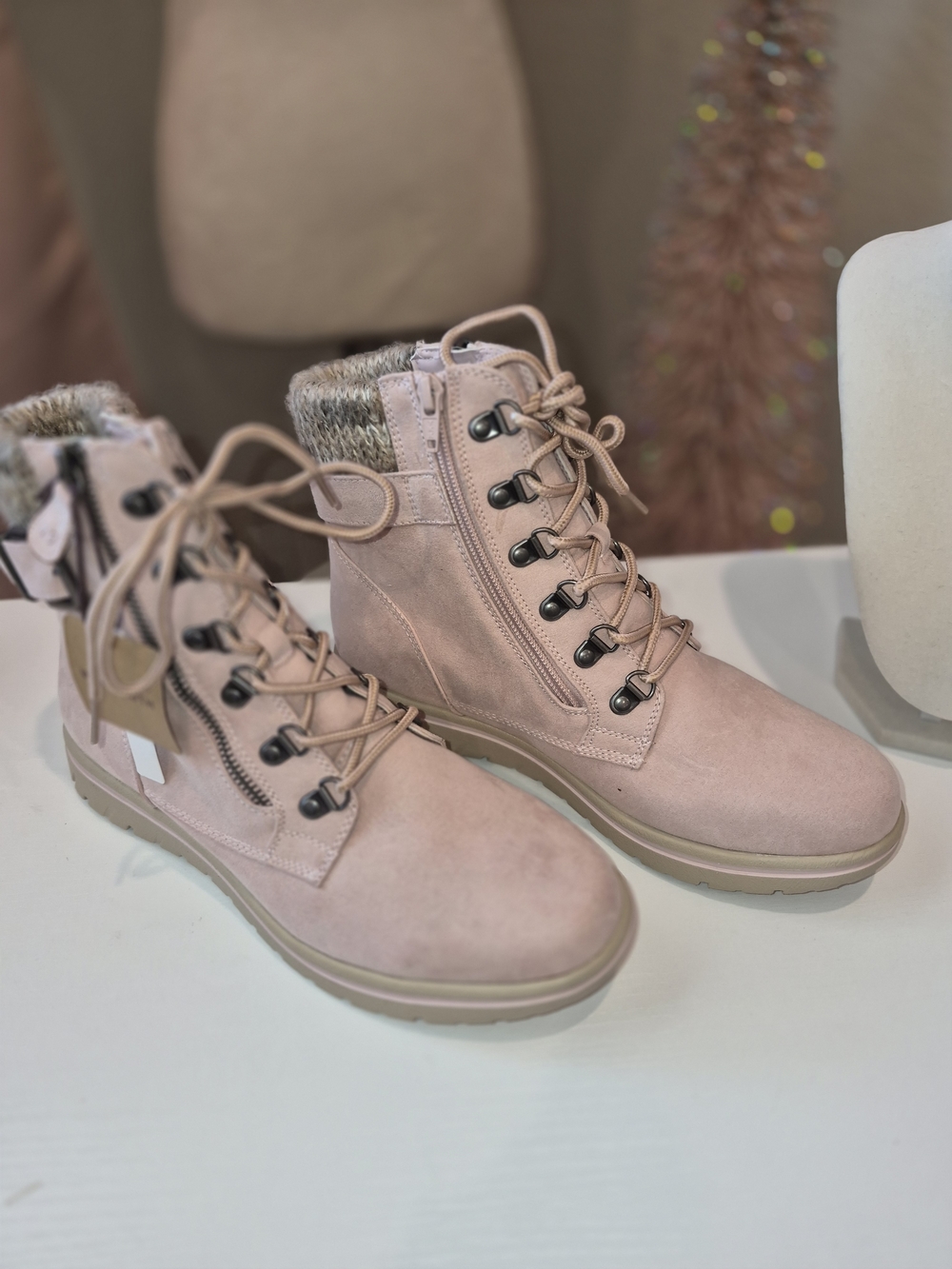 Cliffs by WHITE MOUNTAIN Blush Lace-Up Knit-Collar Ankle Boots